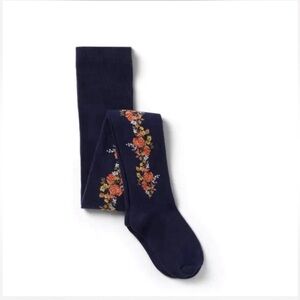 Janie and Jack Navy Tights with Floral Embroidery